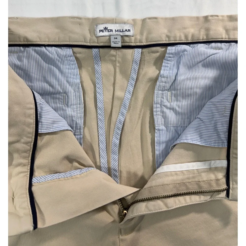 Peter Millar Men Khaki Pima Cotton Stretch Chino Pants 34 Straight Leg ME0B06